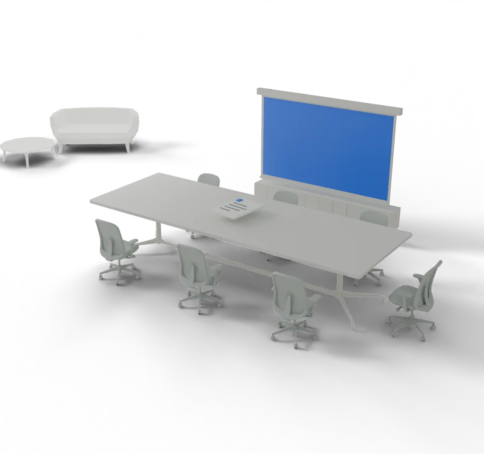 Mesa de liderança e painel azul do modelo BoardMotion, representando uma decisão com o contexto da empresa.