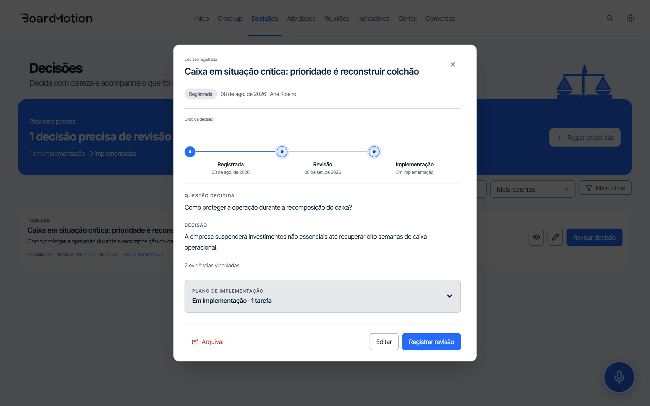 Registro de uma decisão sobre recomposição do caixa, com ciclo de revisão, evidências e plano de implementação.