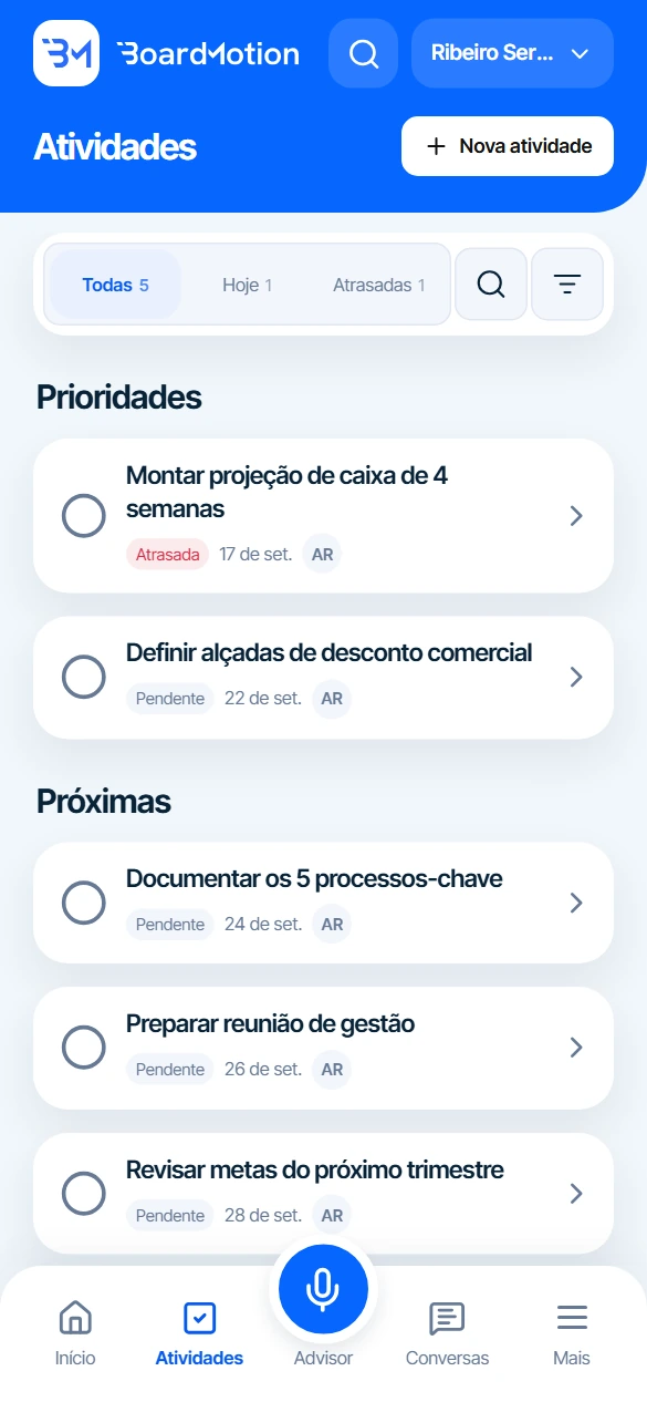 Lista de atividades do BM no celular, com prazo e responsável.