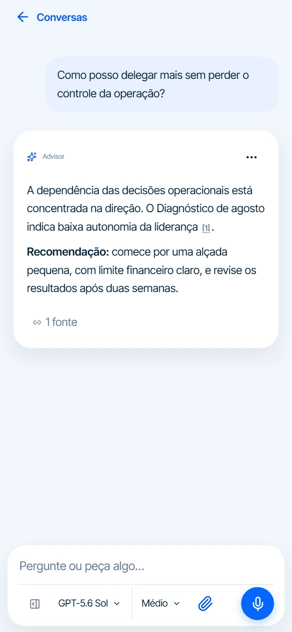 Conversa com o Advisor sobre delegação, com fonte e recomendação.