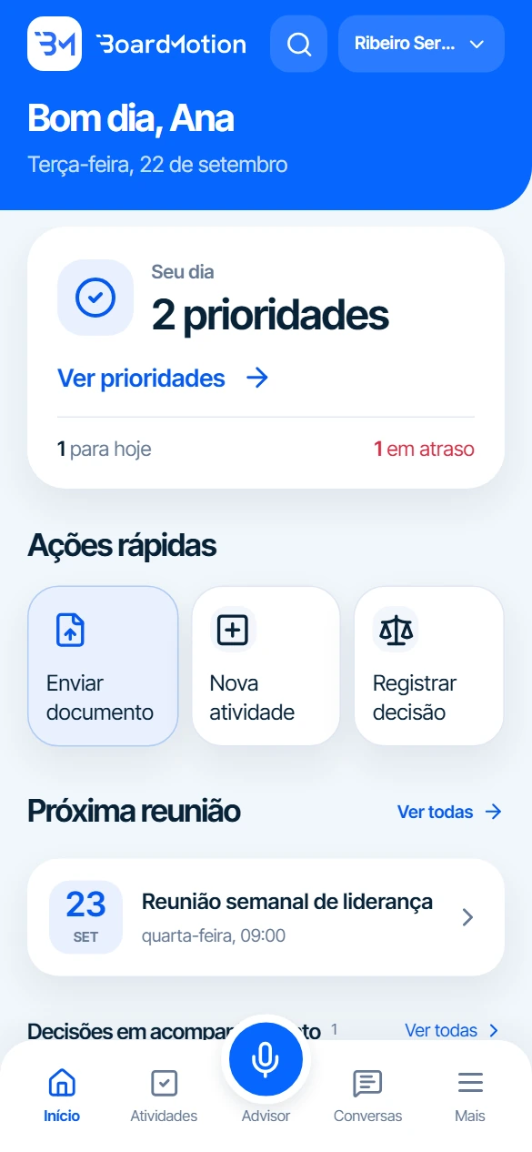 Início do BM no celular, com prioridades de Ana Ribeiro.